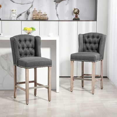 Tabouret de bar à hauteur de comptoir de 2, rembourré gris foncé, dossier en bois vieilli, pieds en bois pour îlot de cuisine, siège de 26,75 po, rembourrage en mousse rembourrée et solide contemporain