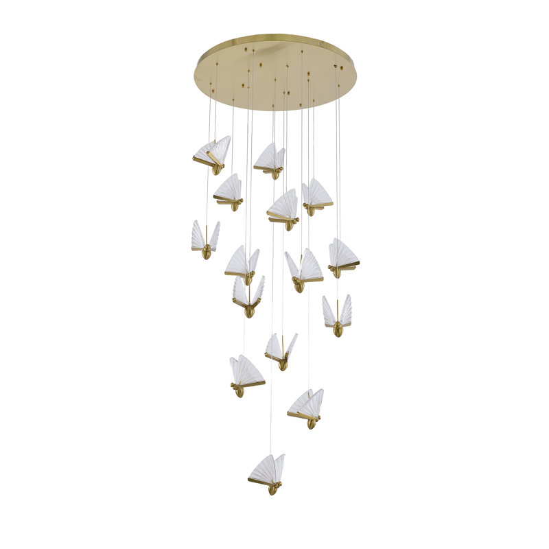 Lustre 15 lumières à DEL en laiton teinté avec pendentifs papillon, H 83,5 po x l 31,5 po x P 31,5 po, 15 lumières