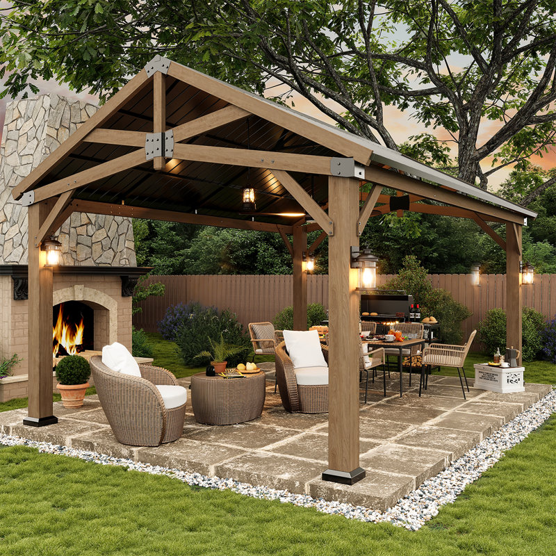 Jolydale Soild Wood Frame Hardtop Gazebo With Galvanized Steel Peak Roof, Suitable For Patios, Lawn And Backyard, 12' x 16'