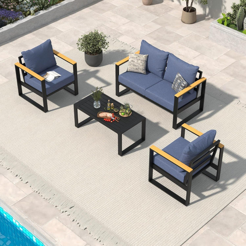 Ensemble de mobilier d'extérieur en aluminium 4 pièces, ensemble de conversation avec coussins épais lavables, canapé modulaire pour terrasse au bord de la piscine