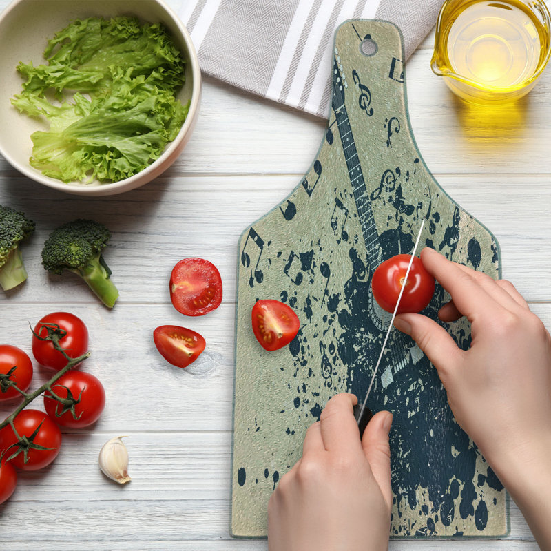 Beige and Dark Blue Guitar Print Glass Cutting Board