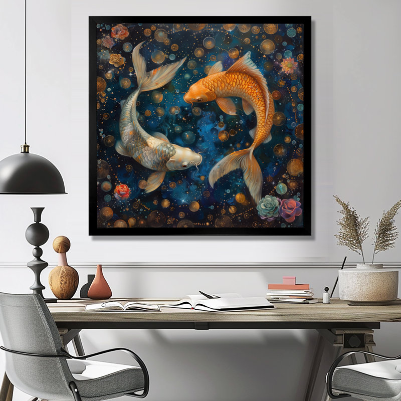 Décoration murale poisson bleu astrologie cosmique II - Astronomie Poissons, H 16 po x l 16 po, Cadre simple noir