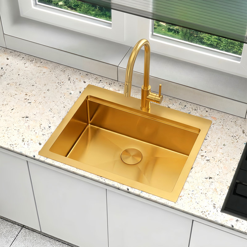  Évier de cuisine à montage sur plan 28 po x l 22 po encastré en acier inoxydable or de calibre 16 avec accessoires, Doré