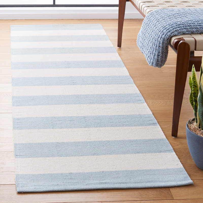 Brookvale Striped Handmade Cotton Sky Blue/Ivory Area Rug, Runner 2'3" x 11'7"