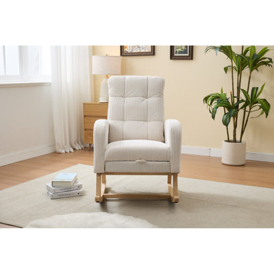Chaise berçante moderne avec pieds en bois massif, chaise berçante coulissante pour chambre de bébé, fauteuil confortable avec poche latérale, fauteuil de salon avec dossier haut et velours rayé