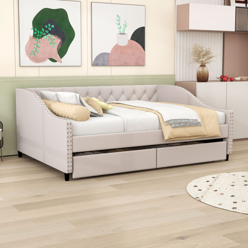 2 Drawers Upholstered Full Daybed with Sturdy Slats Support, Beige