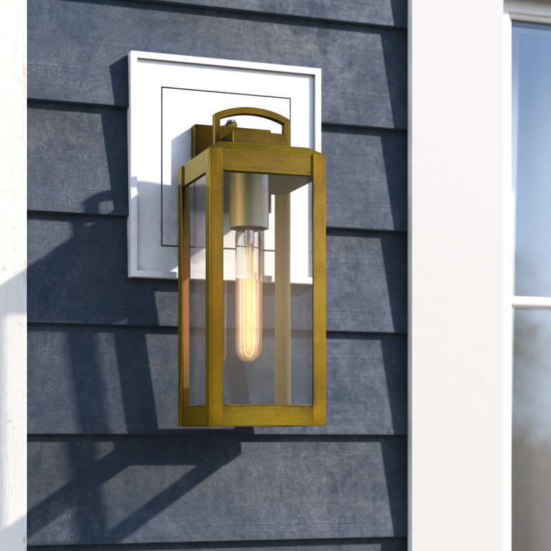 Haviland 14.25 in. H 1-Light Vintage Brass Dusk to Dawn Sensor Gold Outdoor Wall Sconce, Durable Steel, Clear Glass Shade, LED Compatible for Exterior Porch Patio Front Door or Garage