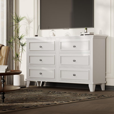 White 6-Drawer Wide Dresser, Modern Wooden Storage Chest for Bedroom, Office, Entryway