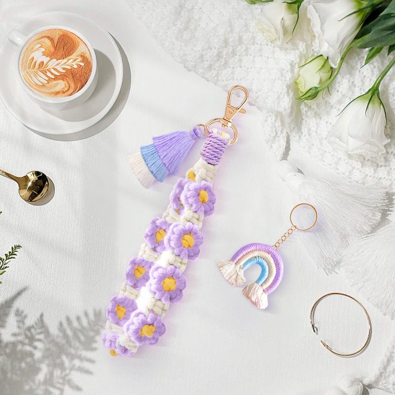 Daisy Boho Handmade Wristlet,3 in 1 Boho Daisy Flower Wristlet Keyring