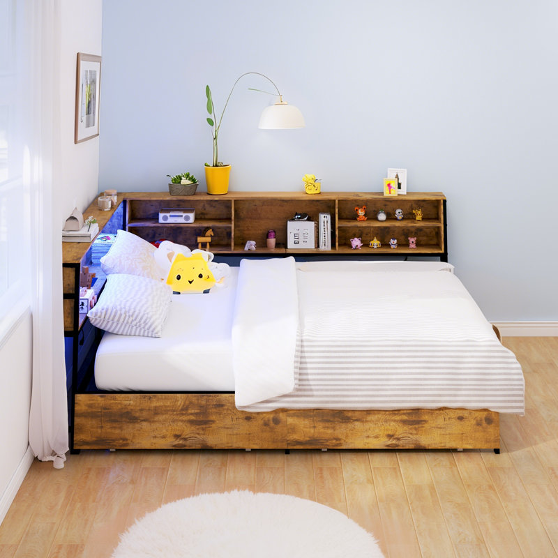 Full Corner Bed Frame With 2 Underneath Drawers And Storage Bookcase,Daybed With Charging Station And LED Light, Full, Brown