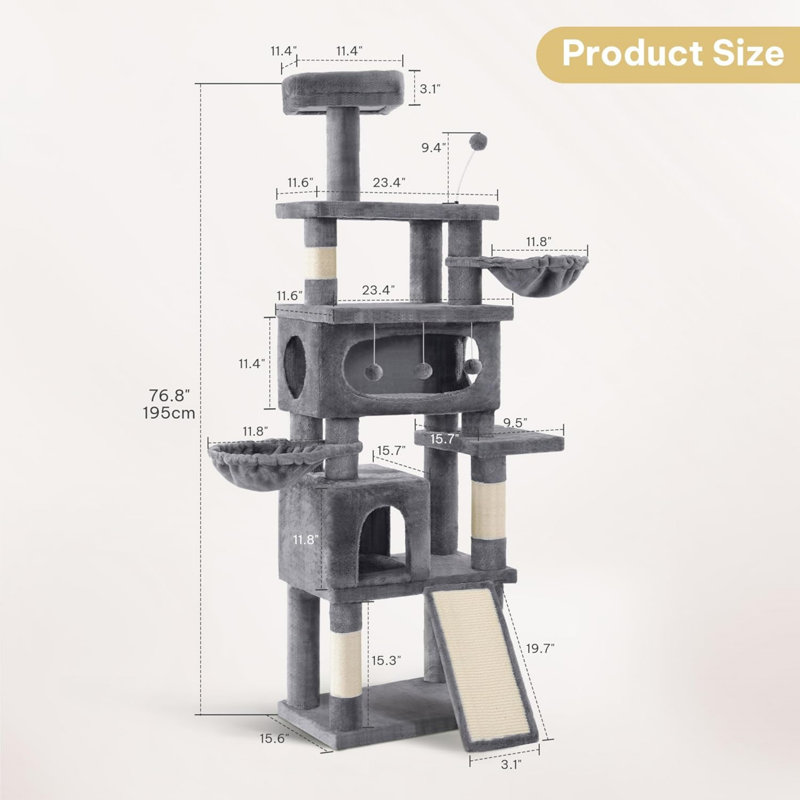 76in Tall Cat Tree For Indoor Cats, Cat Tower With Scratching Posts, Tree Tower For Large Cats, Multi-level Furniture Cat Condos W Climbing Ladder, Hanging Balls, Large Flat Platforms, Grey