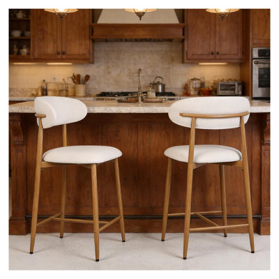 Counter Height Bar Stools Set of 2, Upholstered Modern Barstools with Metal Legs for Kitchen Island Dining Room, Beige Linen Kitchen Counter Stools