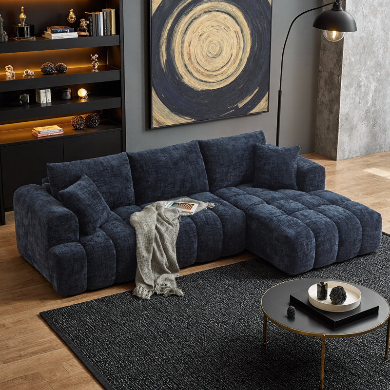 Canapé-lit modulaire en L de luxe en chenille, bleu foncé, canapé-lit 4 places, design minimaliste, sans assemblage