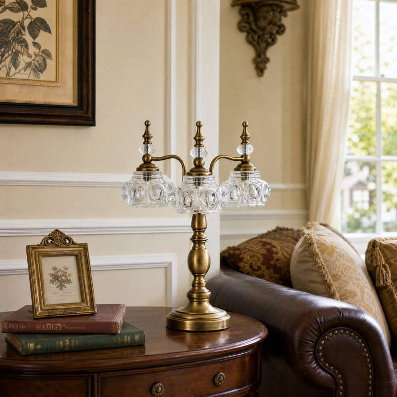 3‑Light Antique Brass Table Lamp