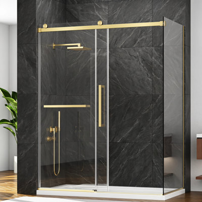 60" W x 32" D x 76" H Frameless Sliding Shower Glass Door, Corner Shower Door L Shaped, SGCC 3/8" & 5/16" Tempered Glass, Double Nano Coating, Stainless Steel, Leak-Proof, Gold