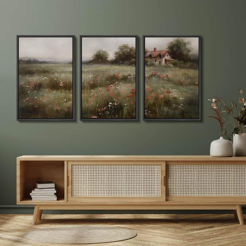 " Tranquil Meadow Cottage In Misty Fields Serene Pastoral " 3 - Pieces, H 24 po x l 16 po x P 1,5 po, Noir