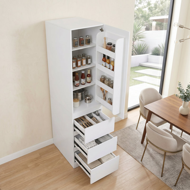 Armoire de rangement pour garde-manger, garde-manger blanc avec portes, tablettes et tiroirs