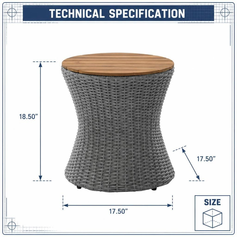 Table d'appoint ronde résistante aux intempéries avec plateau en bois massif et base en sablier tissé, petite table d'appoint d'extérieur peu encombrante