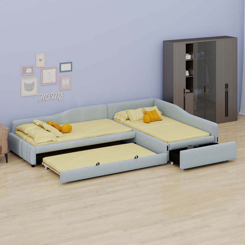 Upholstered Double Daybed With Trundle And Drawer, Beige