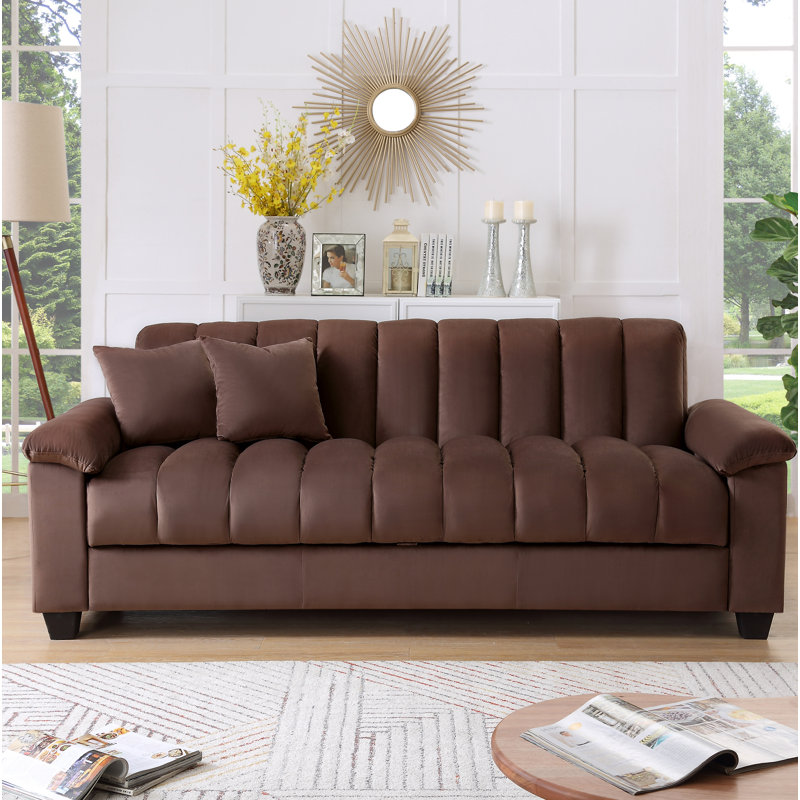Cesella 83" Velvet Pillow Top Arm Convertible Sofa Bed with Storage, Brown