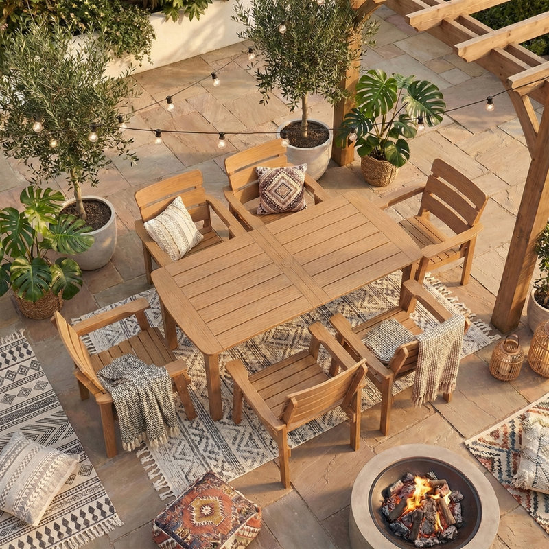 Patio Dining Set For 6 Person All Weather 7 Piece Hips Outdoor Patio Table And Chairs Set With Umbrella Hole For Backyard, Garden, Deck, Poolside, Teak
