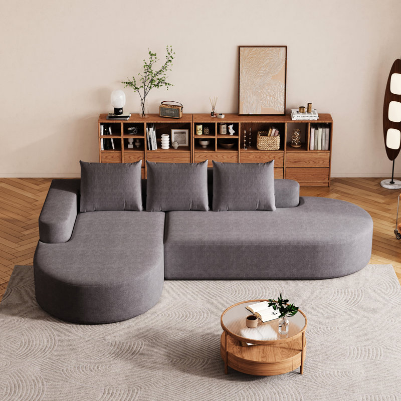 Canapé rembourré en chenille moderne avec 3 coussins, en forme de L 108,5 po, pour salon et chambre à coucher, gris, sièges, confortable, respirant, sans assemblage, lignes arrondies, forme haute résilience