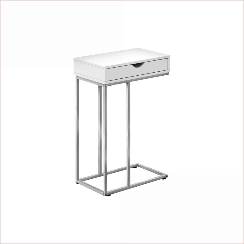Stratifié blanc peu encombrant Table basse en métal gris en forme de C pour la vie et amp; Chambre à coucher avec rangement facile d'accès