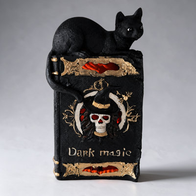 Dark Magic Book LED Statue, Battery Powered Glowing Resin Book with Cat and Skull, Halloween Gothic Tabletop Decor, 12.2 Inch