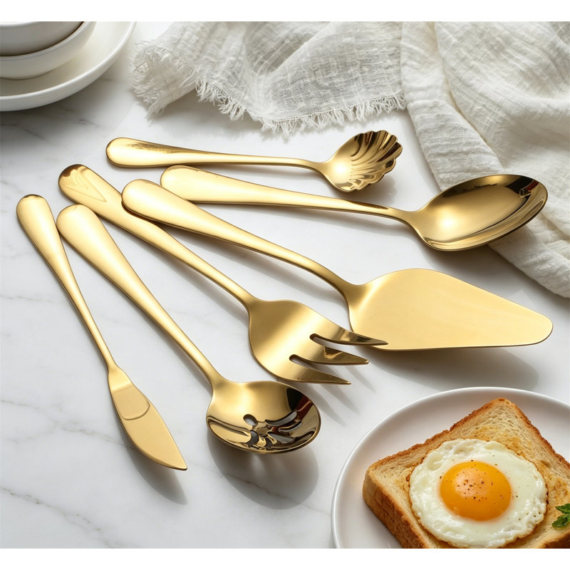 Ensemble de service 6 pièces en acier inoxydable plaqué or avec pelle à gâteau, doré brillant