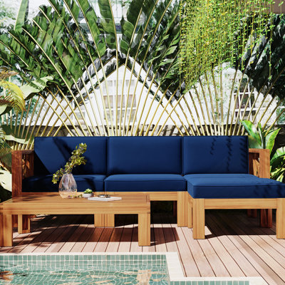 Outdoor Backyard Patio Wood 5-Piece Sectional Sofa Seating Group Set With Cushions