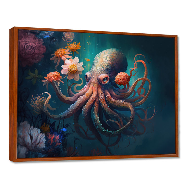 «Octopus in the Ocean with Flowers III», reproduction sur toile, 30" H x 40" W, Cadre flottant brun