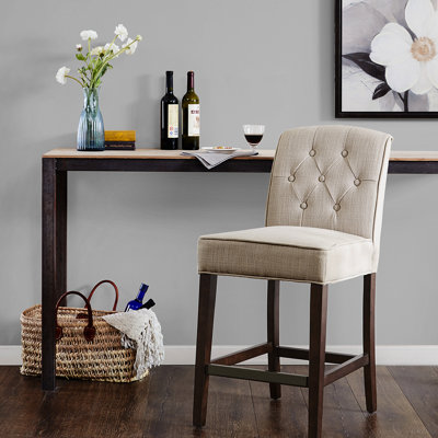 26" Stool - Modern Tan Upholstery, Wood Finish, Button Back, Bronze Kick Plate, Assembly Tools Included Counter With Tuft Chic Legs, Required