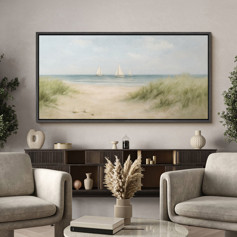 Voiliers tranquilles sur la côte, toile encadrée - doux paysage côtier avec dunes et mer, Noir, H 30 po x l 60 po