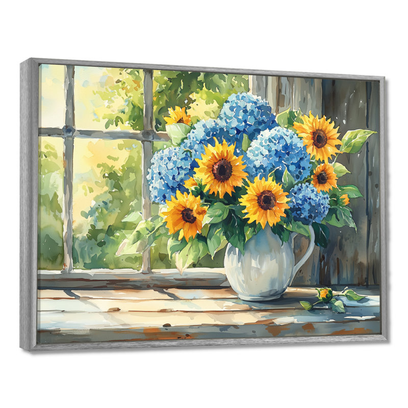 «Domella Hydrangeas And Sunflowers Farmhouse II - Hydrangea», art mural, H 24 po x l 32 po, Argent argent