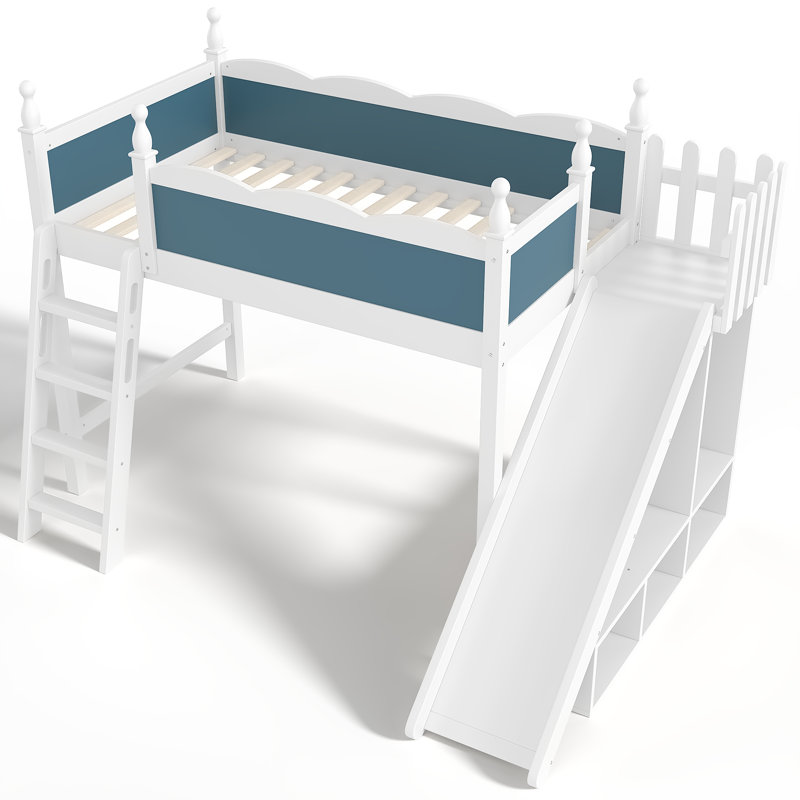 Wooden Loft Bed with Shelves, Wardrobe & Detachable Slide, Twin, White/Blue