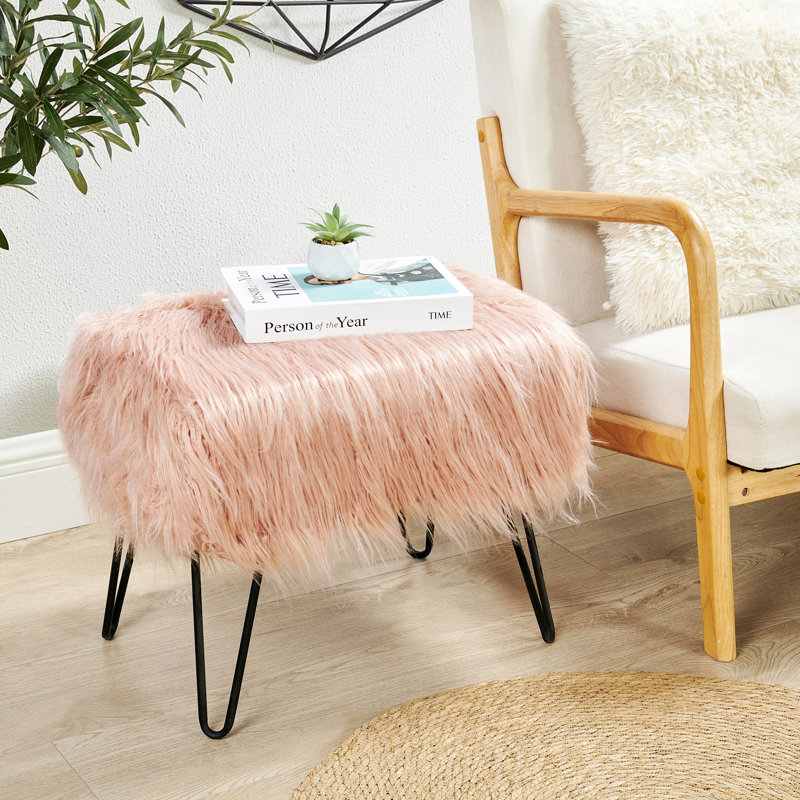 Keilia Upholstered Ottoman, Rose Faux Fur