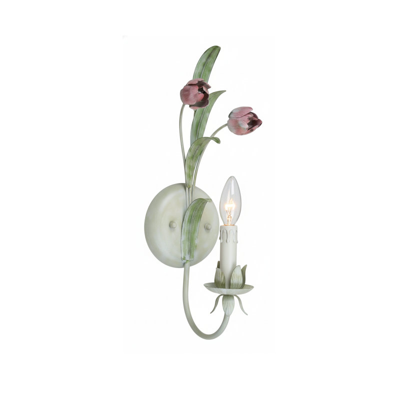 Applique murale 1 lumière verte avec fleur et feuille en métal