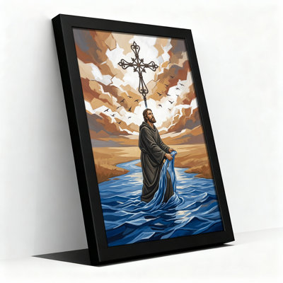 Man in Dark Robe Holding Blue Cloth With Ornate Cross in Canvas Wall Art