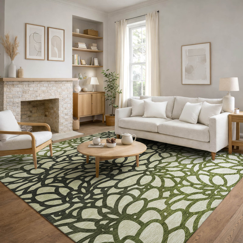 Premium Machine Washable Mayfield AMF2412 Floral Rug, Aloe, 5' x 7'6"