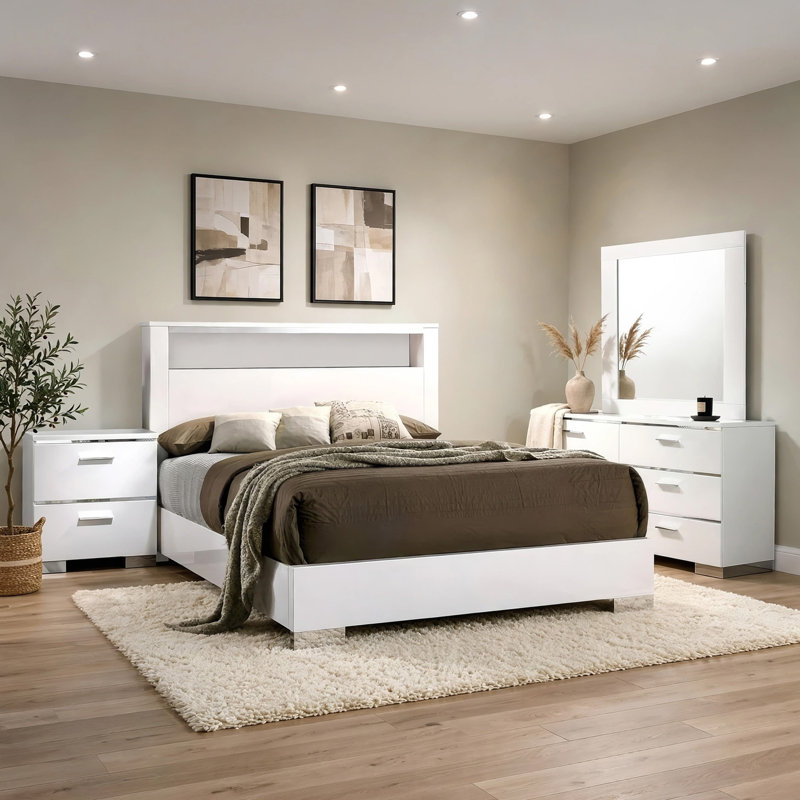Ensemble de chambre à coucher pour grand lit 4 pièces Aman, tête de lit à DEL avec tablette, bois blanc
