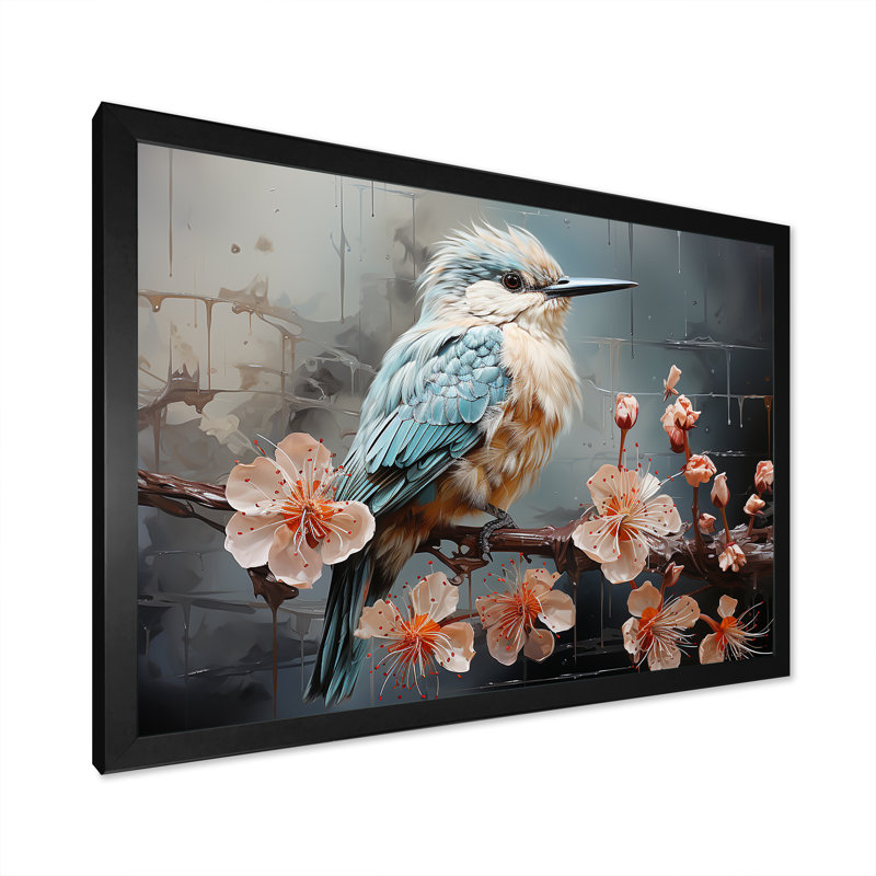 «Blue Floral Dancing Hummingbird - Hummingbird Animal», art mural, Cadre d'angle fermé noir, H 16 po x l 32 po x P 1 po