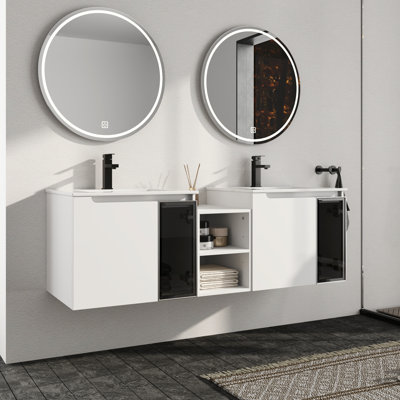 Caelum 60'' Double Bathroom Vanity Set With Ceramic Vanity Top, Wall-Mounted Double Bathroom Vanity With Ceramic Sink