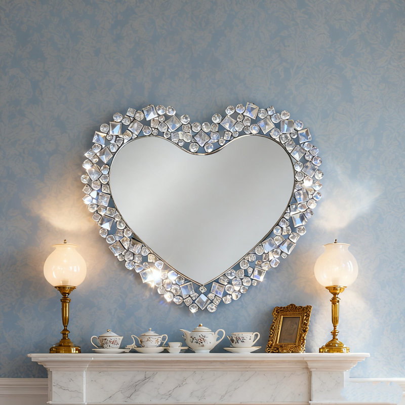 Crystal Flat Wall Mirror Heart Shape Decor Mirror 78x68CM