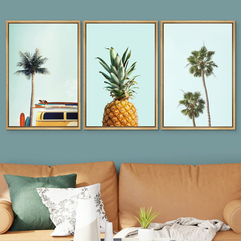 Beach And Plants " Retro Surfboard Van Tropical Island Pineapple Coastal Nautical Photography Modern Art Decor " 3 - Pieces
