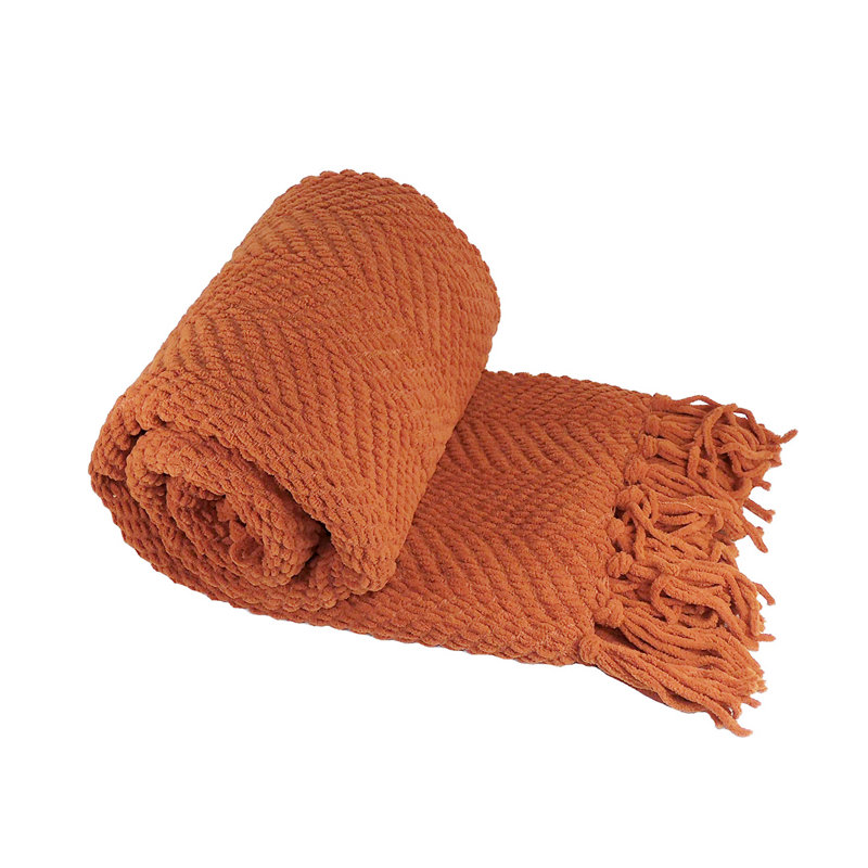Rust Knitted Reversible Throw Blanket with Braided Tassels, 60" x 80"