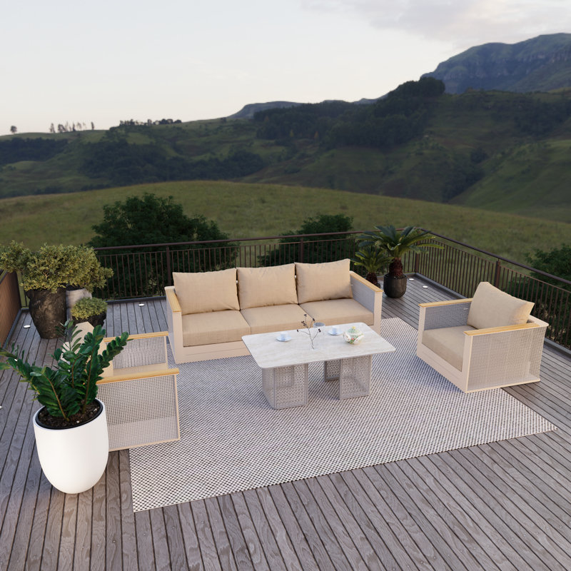 4-Piece Aluminum Conversation Set With Sofa, Coffee Table & 2 Chairs – Sintered Stone Top & Olefin Upholstery For Patio Or Indoor Lounge