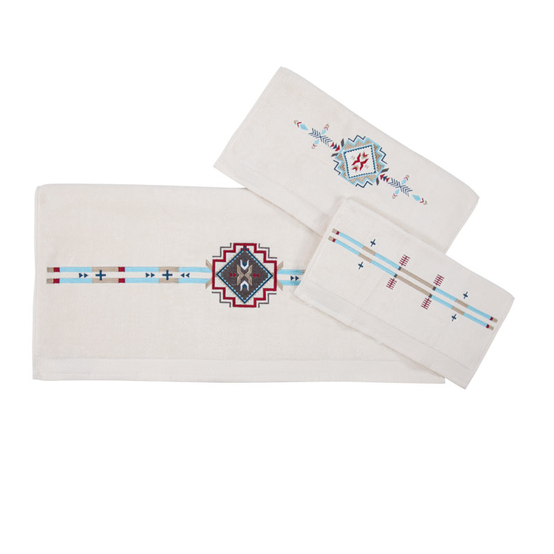 Spirit Valley Embroide Aztec Print Cotton Southwestern Style 3 Piece Towel Set, Cream