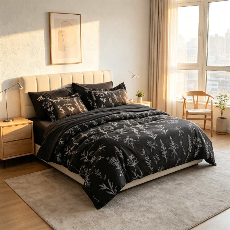 Reversible Black Botanical King Comforter Set, 7 Piece Bed in a Bag, King