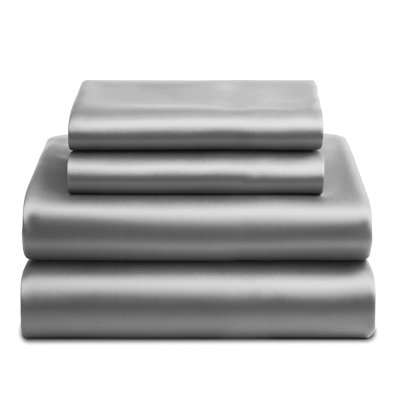 King Size Satin Bed Sheet Set, 4 Piece Ultra Soft Silky Cooling Bedding Set, Deep Pocket Fitted Sheet & 2 Pillowcases, Light Grey Luxury Bed Sheets for Bedroom
