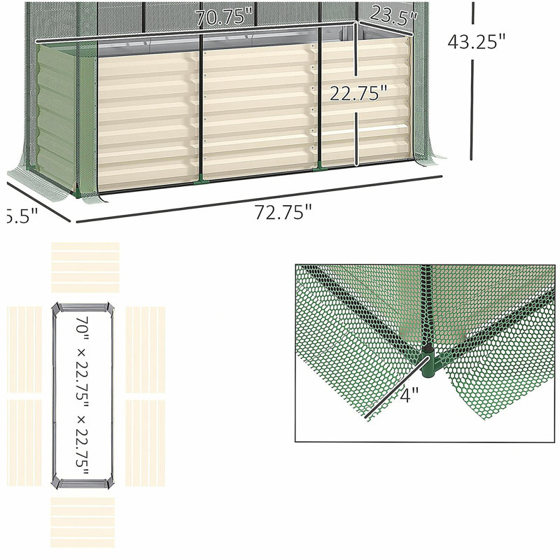 Boîte à fleurs en acier galvanisé, cage de culture et toile d'ombrage avec jardin surélevé, Beige
